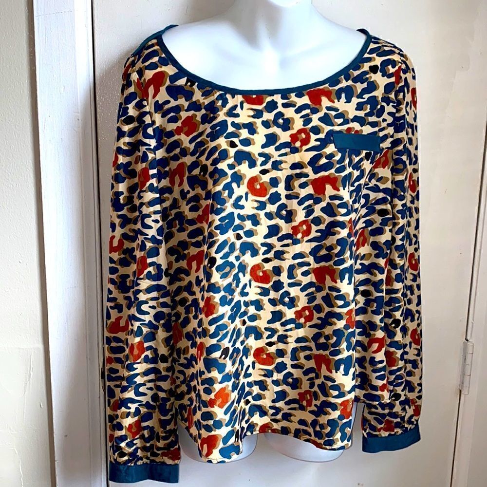 EDGE Turquoise, Cream and Orange Leopard Print Blouse-L